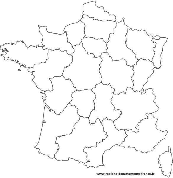 Carte de France vierge avec le découpage des anciennes régions - Noir et blanc.
