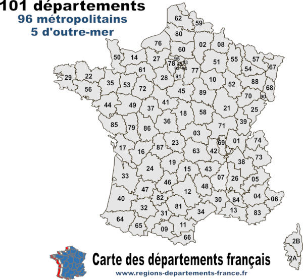 Carte de France avec numéros de départements