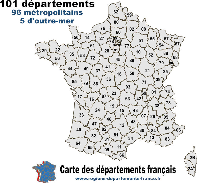 carte des départements avec numéro