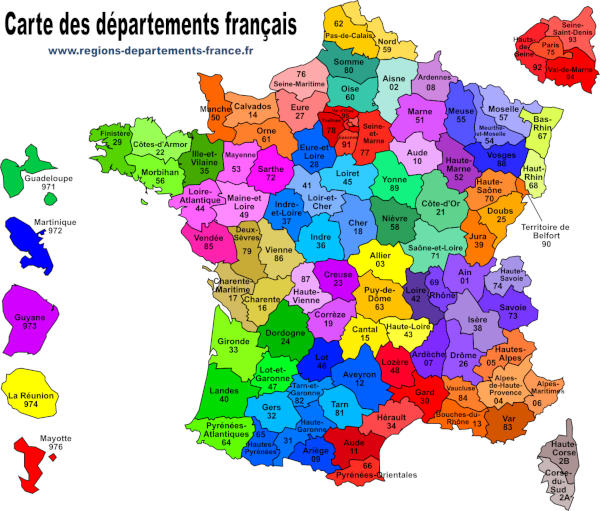 Carte des départements français avec nom et numéro.