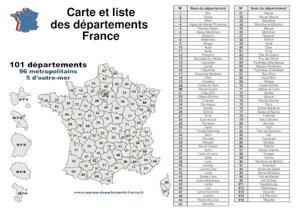 Carte et liste des départements français - 2022.