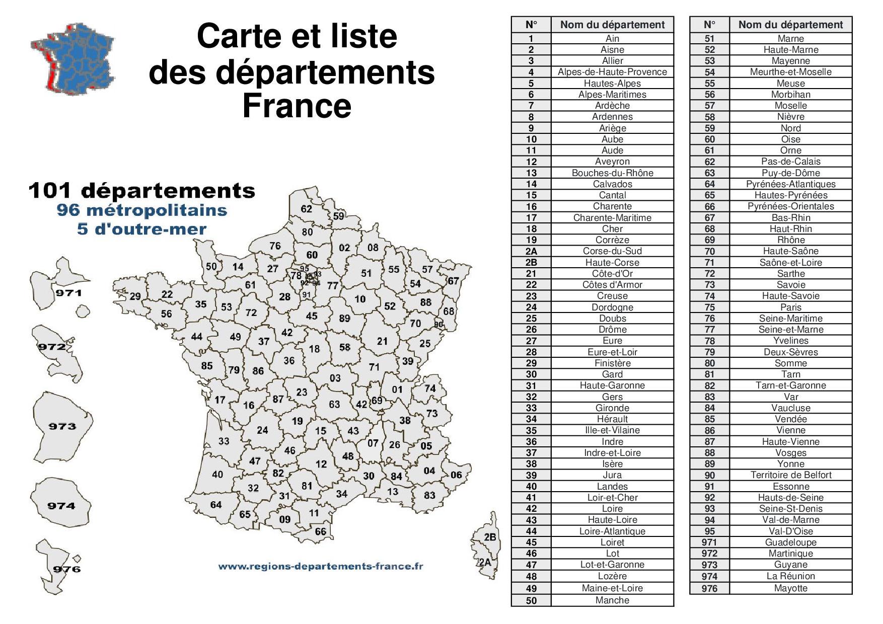 carte 101 départements français