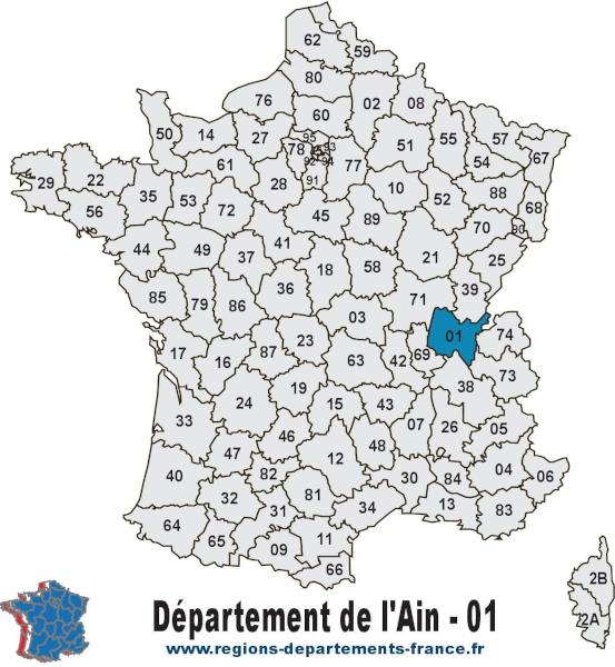 Carte de France et département de l'Ain (01).