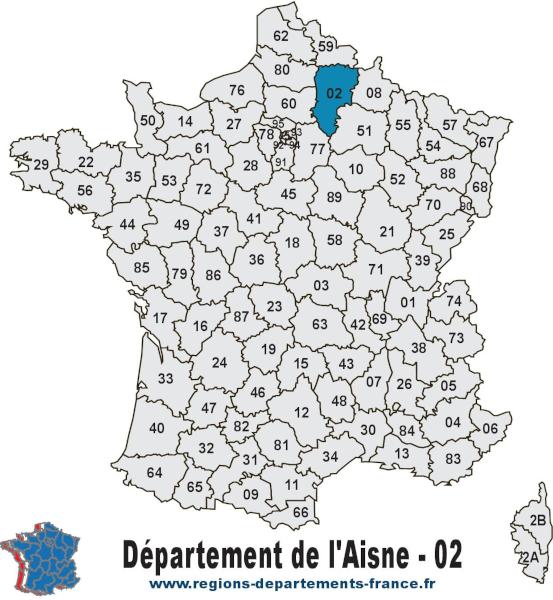 Carte de France et département de l'Aisne (02).