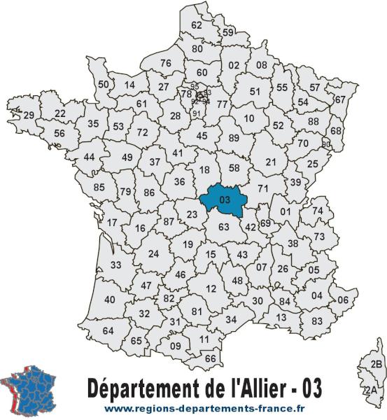 Carte de France et département de l'Allier (03).