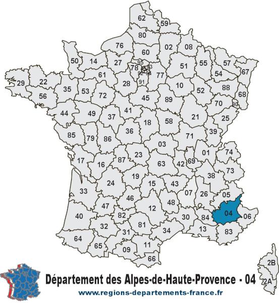 Départements 04 (Alpes-de-Haute-Provence) : localisation et départements limitrophes.