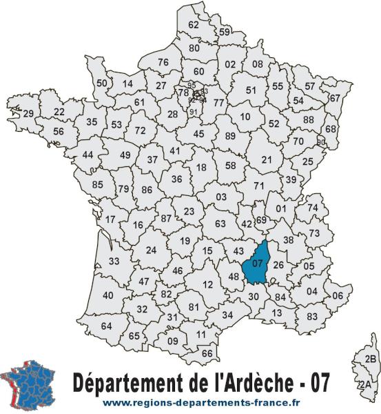 Carte de France et département de l'Ardèche (07).