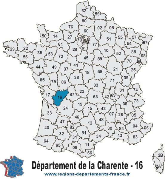 Départements 16 (Charente) : localisation et départements limitrophes.