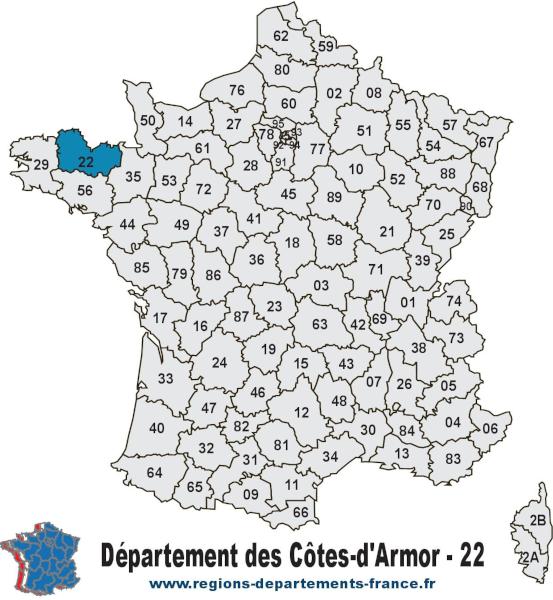 Le département des Côtes-d'Armor (22) et sa localisation sur la carte des départements français métropolitains. Carte de France et département des Côtes-d'Armor (22).