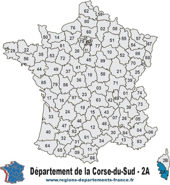 Carte de France et département de la Corse-du-Sud (2A).