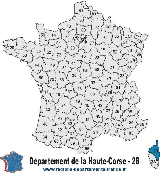 Départements 2B (Haute-Corse) : localisation et départements limitrophes.