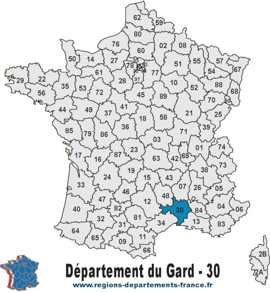 Départements 30 (Gard) : localisation et départements limitrophes.