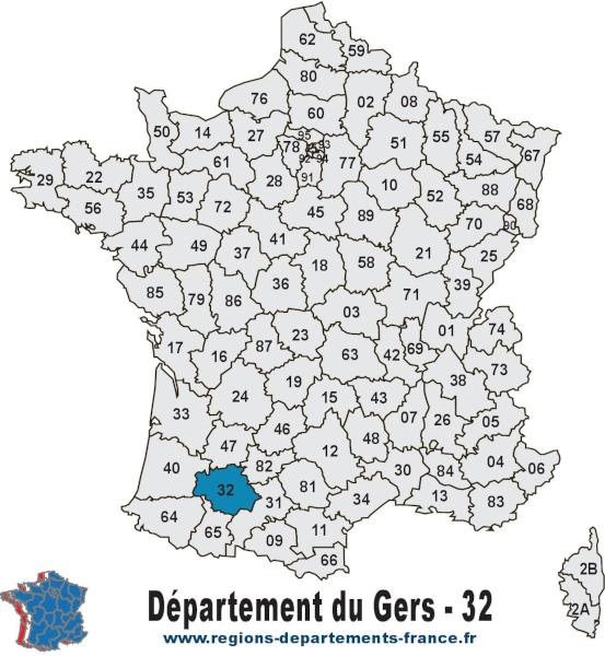 Carte de France et département du Gers (32).