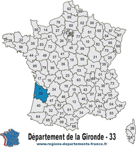 Départements 33 (Gironde) : localisation et départements limitrophes.