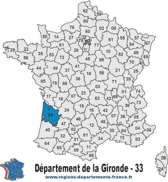 Carte de France et département de la Gironde (33).