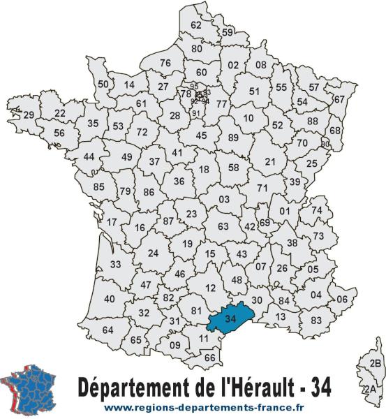 Départements 34 (Hérault) : localisation et départements limitrophes.