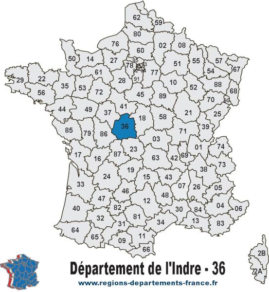 Carte de France et département d'Indre (36).
