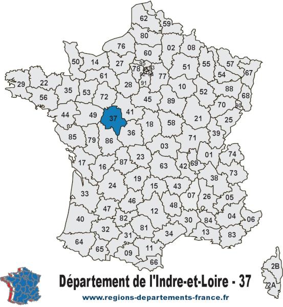 Carte de France et département d'Indre-et-Loire (37).