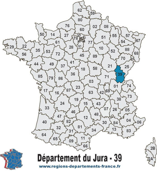 Le département du Jura (39) et sa localisation sur la carte des départements français métropolitains. CC BY-SA (https://creativecommons.org/licenses/by-sa/4.0) Carte de France et département du Jura (39).