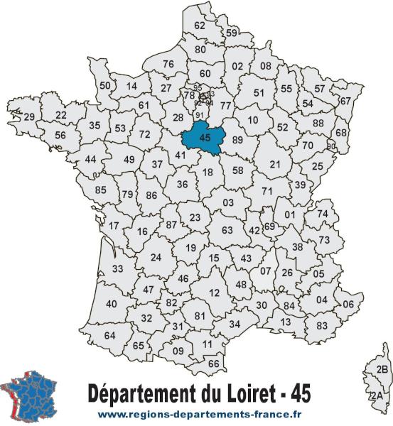 Carte de France et département du Loiret (45).