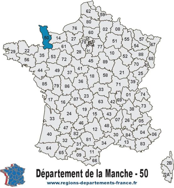 Le département de la Manche (50) et sa localisation sur la carte des départements français métropolitains. Carte de France et département de la Manche (50).