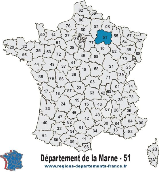 Carte de France et département de la Marne (51).