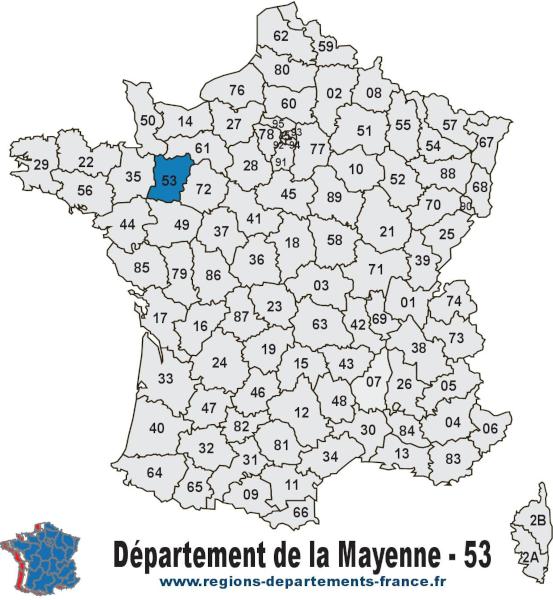 Carte de France et département de la Mayenne (53).