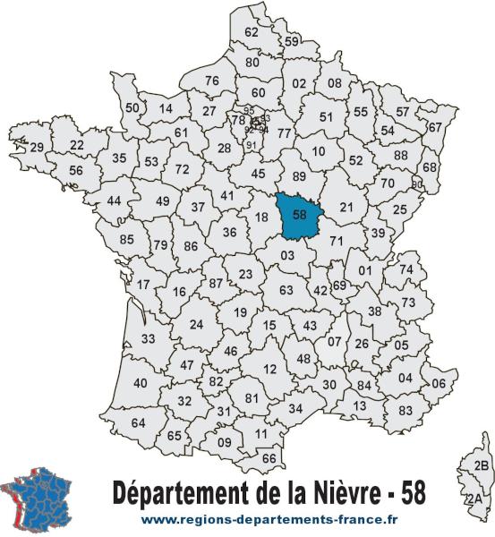 Départements de la Nièvre (58) et localisation.