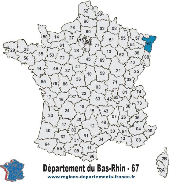 Carte de France et département du Bas-Rhin (67).