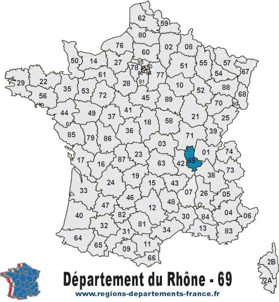 Carte de France et département du Rhône (69).