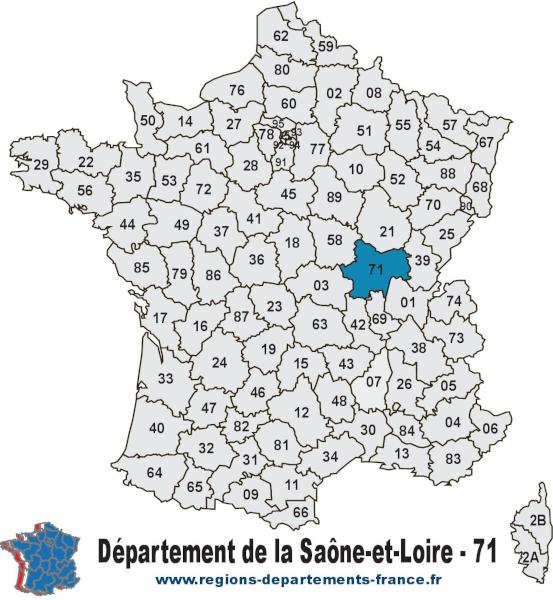 Le département de la Saône-et-Loire (71) et sa localisation sur la carte des départements français métropolitains. CC BY-SA (https://creativecommons.org/licenses/by-sa/4.0) Carte de France et département de la Saône-et-Loire (71).
