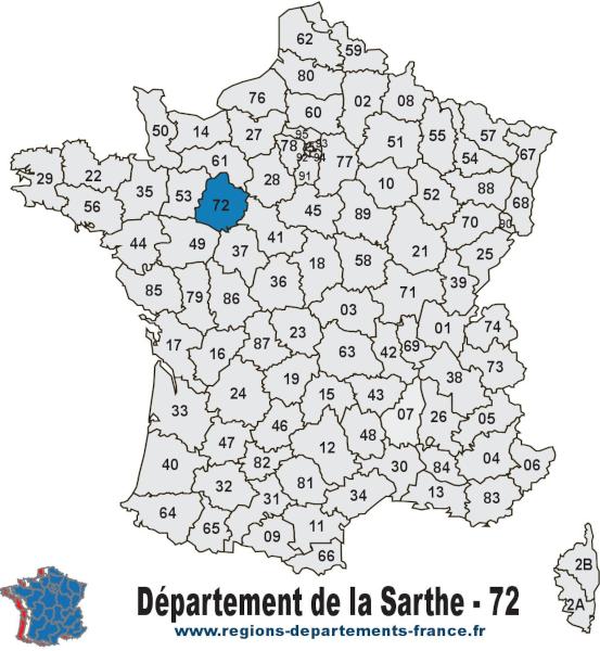 Le département de la Sarthe (72) et sa localisation sur la carte des départements français métropolitains. CC BY-SA (https://creativecommons.org/licenses/by-sa/4.0) Carte de France et département de la Sarthe (72).