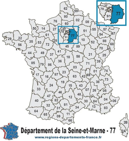 Carte de France et département de la Seine-et-Marne (77).