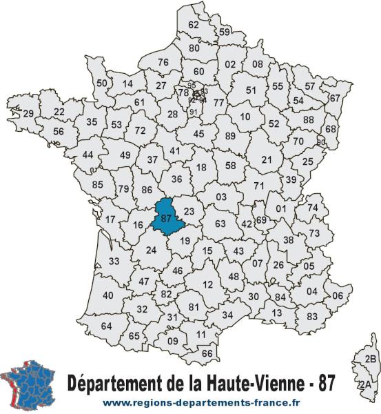 Carte de France et département de la Haute-Vienne (87).