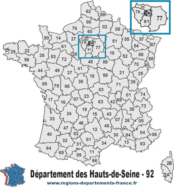Carte de France et département des Hauts-de-Seine (92).