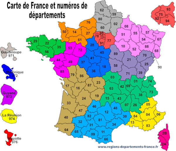 Carte de France avec numéros de départements