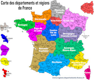 Aperçu de la carte de France complète avec régions et départements.