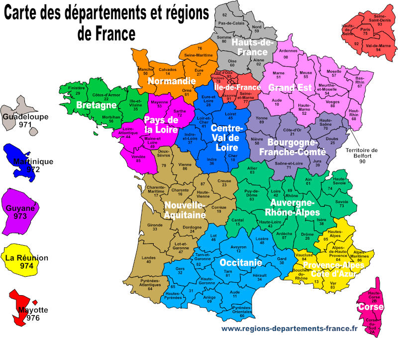 Carte des régions françaises avec leurs départements - 2023.