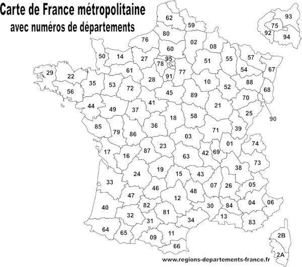 Carte de France avec les numéros de départements