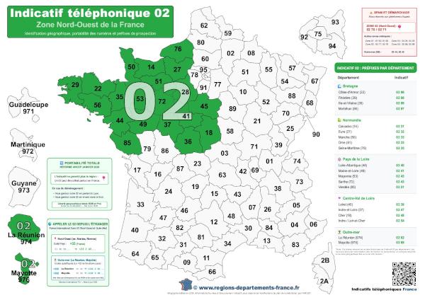Infographie pour localiser les indicatifs téléphoniques départementaux de la zone 02 (couvrant la Bretagne, la Normandie, Nantes, les Pays de la Loire) et trouver à quel département correspond un préfixe. Carte indicatif téléphonique par département en France à consulter, télécharger et imprimer.