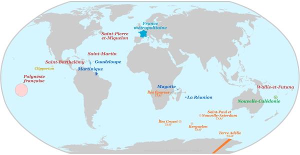 Carte du monde avec la localisation des DROM, COM et autres territoires d'outre-mer français en 2026