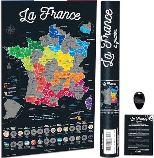 Carte de France sous forme de poster à gratter avec ses départements, ses régions, ses villes