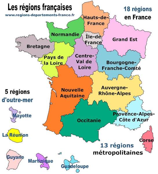 Carte des régions de France : 13 régions métropolitaines et 5 régions d'outre-mer.