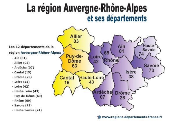 Carte de la région Auvergne-Rhône-Alpes avec ses départements