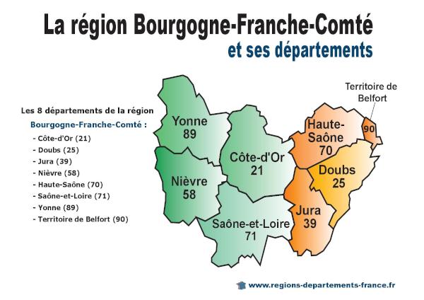Carte de la région Bourgogne-Franche-Comté avec ses 8 départements (Côte-d'Or, Doubs, Jura, Nièvre, Haute-Saône, Saône-et-Loire, Yonne et Territoire de Belfort).