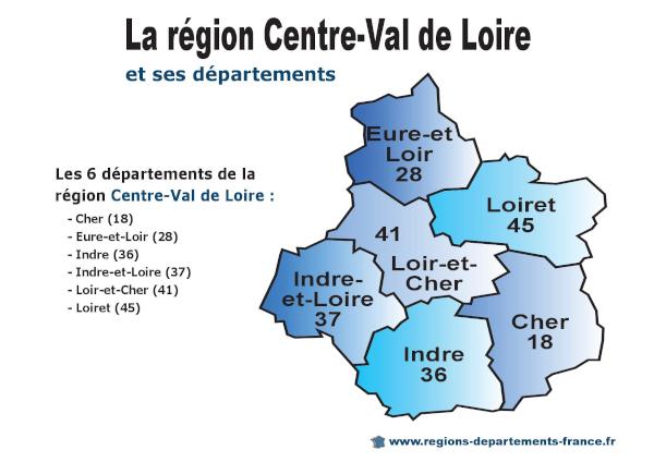 Carte administrative de la région Centre-Val de Loire avec ses 6 départements (18, 28, 36, 37, 41, 45).