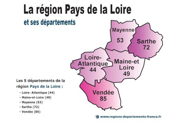 Carte des Pays de la Loire avec les 5 départements : Loire-Atlantique, Maine-et-Loire, Mayenne, Sarthe et Vendée