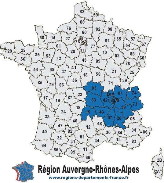 Carte des 12 départements de la région Auvergne-Rhône-Alpes avec leurs numéros.