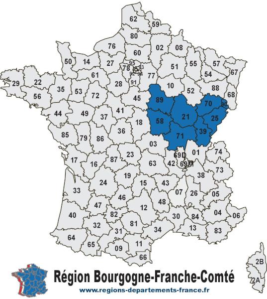 Carte des 8 départements de la région Bourgogne-France-Comté avec leurs numéros.