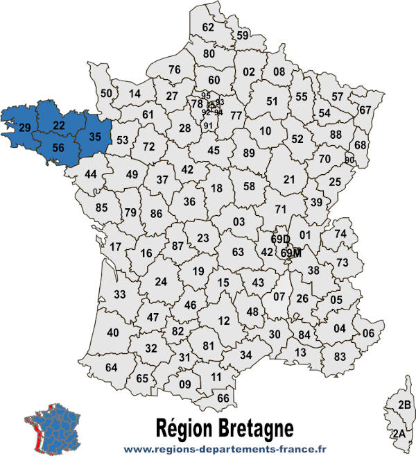 Carte des 4 départements de la Bretagne avec leurs numéros.